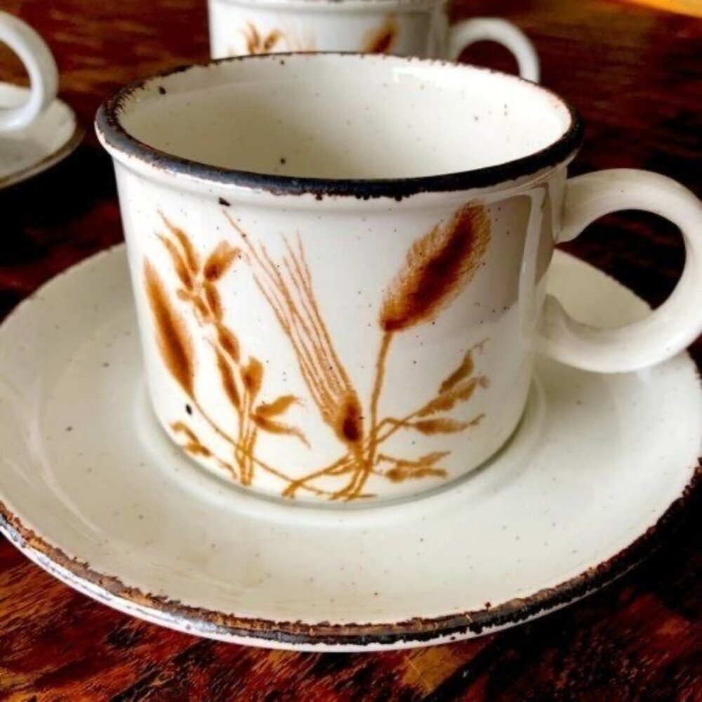 Pair Of Stonehenge English Stoneware Espresso Tea Cups and Saucers Winter Wheat
